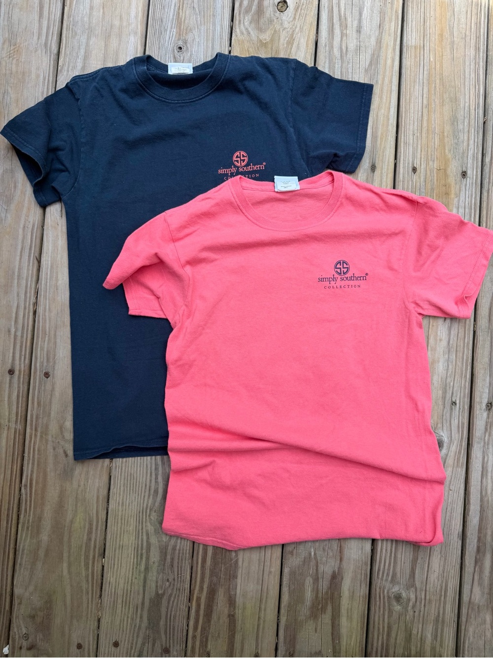 Lot of 2 Simply Southern Small T-Shirts: Navy Octopus and Coral Whale